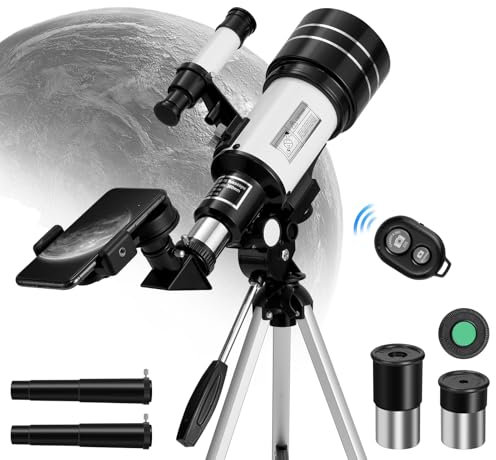 Teleskop mit Fernbedienung,70mm Blende 300mm Refraktor Teleskop,15X-150X Astronomical Telescope,Tragbares Teleskope für Kinder Erwachsene Anfänger mit Stativ,Telefonhalterung,Mondfilter,Teleskope