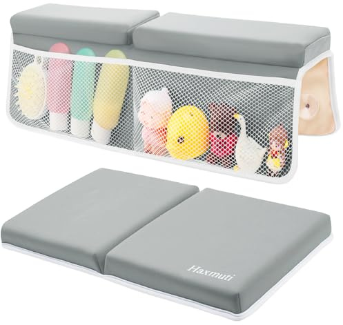 Haxmuti Bath Kneeler and Elbow Rest Pad Set, Thick and Quick Dry Kneeling Pad Support for Knee and Arm, Extra Large Baby Bath Kneeler Pads Bathtub Mat with Toys Organizer for Baby Bath Time, Grey