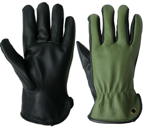 OLSON DEEPAK Retro Braun Leder Arbeitshandschuhe für Schnitt/Motorrad/Bauernhof, Rindsleder Arbeitshandschuhe mit verblasstem Effekt für Männer (Grün Schwarz, L)