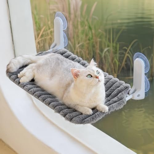 MEWOOFUN Katzenfenster-Sitzstange Faltbar mit abnehmbarem und wendbarem Bezug - Weiche Katzenfenster Hängematte mit verstärktem Stahlrahmen stabil bis 18 kg belastbar (Grau, L)