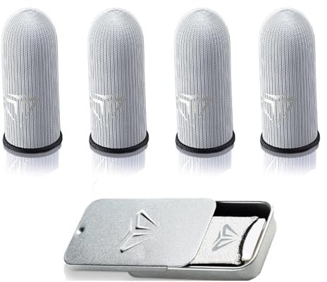 Fleymu Fundas para Dedos Gaming 4 Piezas con Caja Metálica, Finger Sleeve Gaming - Ultra Delgadas, Antideslizantes, Transpirables, Conductoras y Elásticas para Móvil, PC y Consolas (Negro)