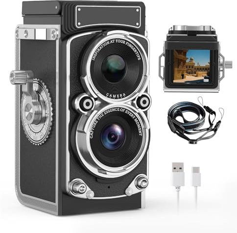 VBESTLIFE Fotocamera Digitale Vintage, Portatile, Stile TLR, retrò, Punta e Scatta, Piccola, Video FHD 1080p, Messa a Fuoco Automatica da 12 MP, Videocamera Vlog per Principianti e (16GB)