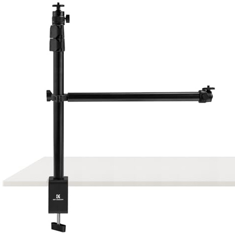 K&F CONCEPT Overhead Camera Mount Stand with 2 Section Telescopic Extension Arm, Adjustable Desk Stand with Phone Holder, C-clamp Mount for DSLR Camera, Phone, Webcam, Microphone, Ring Light