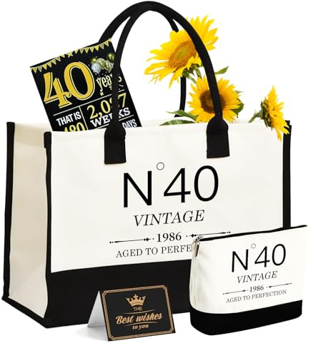 40.Geburtstagsgeschenke für Frauen Leinwand Tote Tasche Reiseausrüstung, 40 Jahre alte Geburtstagsgeschenke für Mutter Frau Freunde, Vintage N°40 Handtasche & Kosmetiktasche & Geburtstagsplakat