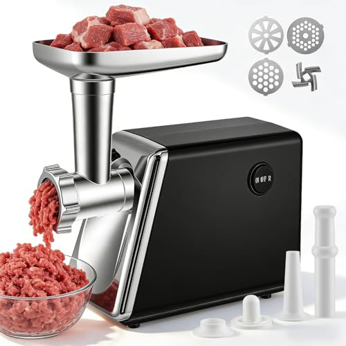 Fleischwolf Elektrisch 4 In 1,Mit 3 Schneidplatten&Wurstfüller Für Zuhause | Für Fleisch Wurst,Gemüse Käse,Leise & Überhitzungsschutz,Edelstahl&Alu-Druckguss, Hackfleisch Selber Machen & Barf