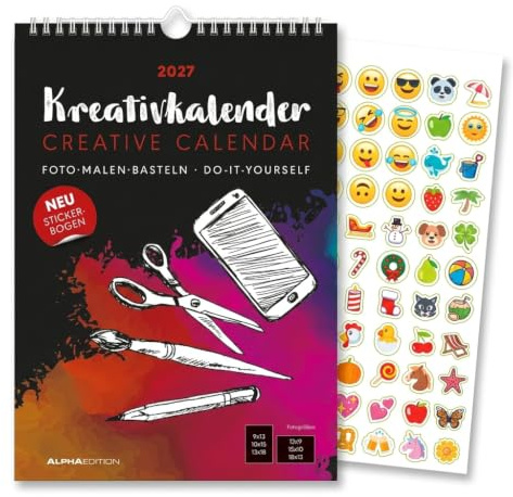 Kreativkalender A4 schwarz 2027: Bastelkalender 21x29,7 cm mit schwarzem Hintergrund, Stickerbogen, echtem Bastelkarton und gestaltbarem Titelblatt