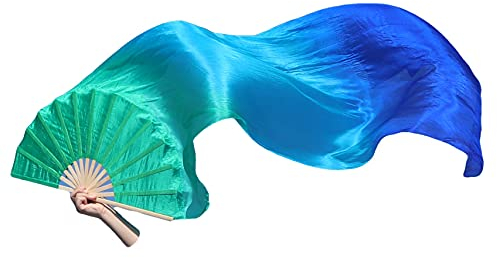 Winged Sirenny Paar Handgemalt Fächerschleier Voi, Fächer-Poi aus Echte Seide 150cm, Fächerschleiertanz Bauchtanz seide (grün-türkis-blau)