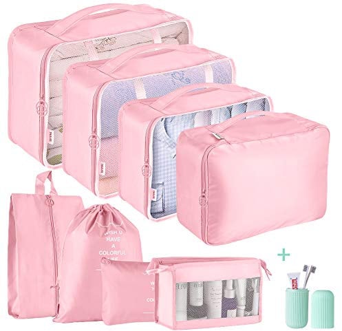 Packing Cubes for Suitcase,Geediar 9 PCS Travel Luggage Packing Organizers Waterproof Travel Essentials Bag Clothes Shoes Cosmetics Toiletries Bags(d-Pink)