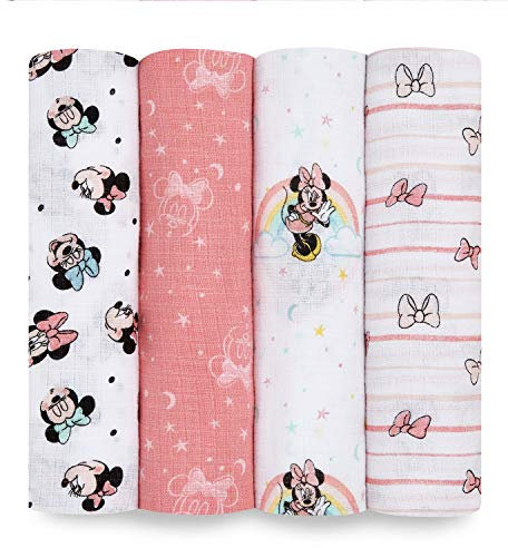 aden + anais Aden Swaddle Blanket, Muslin Blankets for Girls & Boys, Baby Receiving Swaddles, Ideal Newborn Gifts, Unisex Infant Shower Items, Wearable Swaddling Set, 4 Pk, Minnie Mouse Rainbows