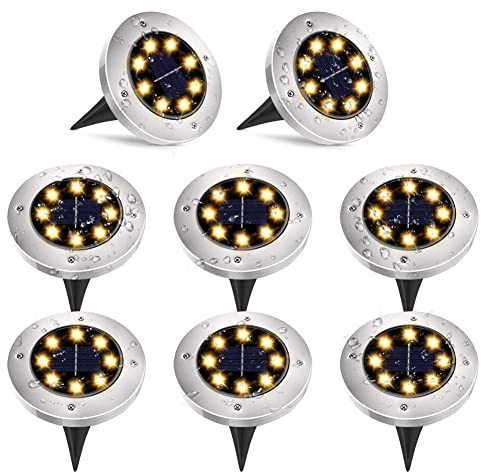 UOUNE Solar Bodenleuchten, 8 LEDS Solarleuchten Solarlampen Gartenleuchten für Außen, 3000K Warmweiß Solarlicht Garten Licht, IP67 Wasserdicht für Rasen, Patio, Hof, 8er Pack