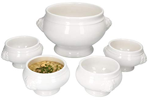 MamboCat Leo - Set di 5 tazze da zuppa con testa di leone, 2 l, 4 tazze piccole da 0,25 l, set reale di ciotole da zuppa con testa di leone, in gres porcellanato bianco