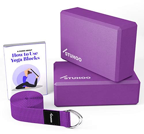 STUHOO Yoga-Block-Set mit 2 Stück und Gurt inklusive beschreibendem E-Book – stabiler Yoga-Stein und leichter EVA-Schaum-Block, Unterstützung für tiefe Posen, bietet Stärke und Stabilität für
