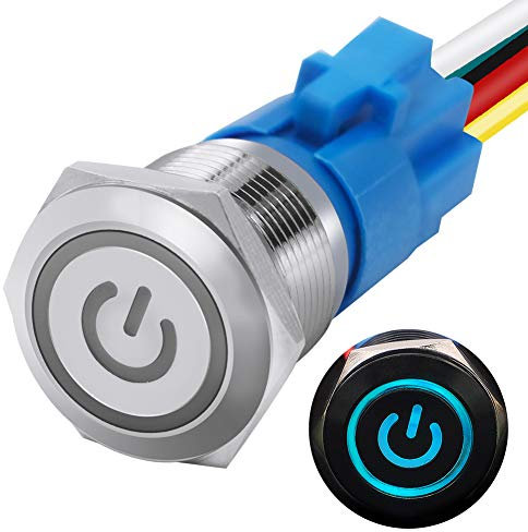 mxuteuk 19mm Verriegelung Druckschalter 1NO 1NC SPDT EIN/AUS Silber Edelstahlschale mit 12V Blau Power Symbol Leuchte Drucktaster Mit Steckdose Stecker für 3/4 Montageloch L-19-POWER-T-BU