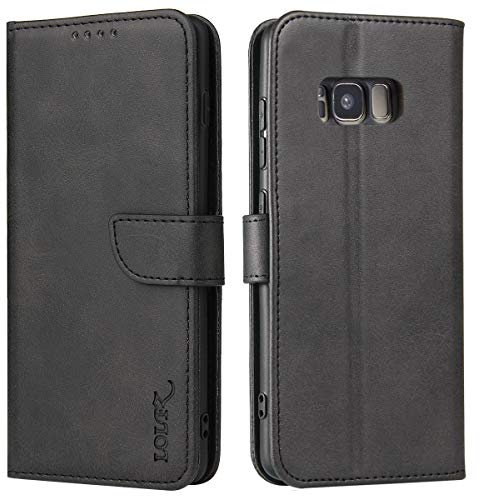 LOLFZ Wallet Case for Samsung Galaxy S8, Vintage Leather Book Case with Card Holder Kickstand Magnetic Closure Flip Case Cover for Samsung Galaxy S8 - Black