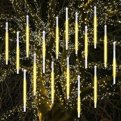 Vikdio Weihnachtslichter für draußen, Meteorschauer Lichter 16 Spiralschläuche 30cm 480 LEDs 5,25m Lit Länge, Wasserdichte Schneefalllichter für Weihnachtsdekoration im Freien Baum Fenster (Warmweiß)