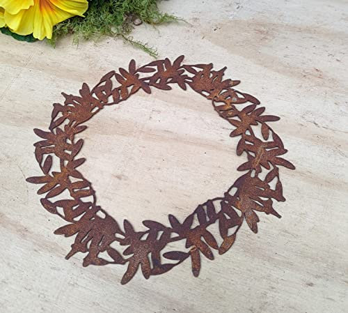 Blätterkranz ca. 18 cm zum Hängen filigran handgefertigt aus Metall in Edelrost Fensterschmuck Gartendekoration Sommer mediterran Oliven