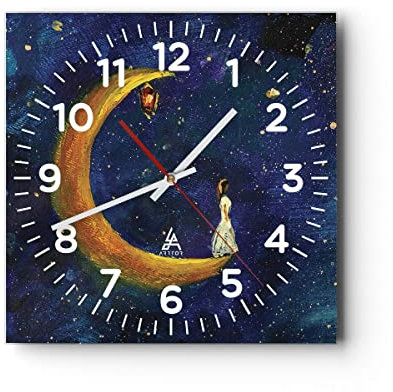 Modern Wanduhr Mädchen auf der Mond 30x30cm Quadrat Klein Wand Uhr Glas Analog Zimmeruhren Küche Büro Wohnzimmer Glasuhr Wall Clock Dekoration Design Wanddekoration Küchenuhr C4AC30x30-4575
