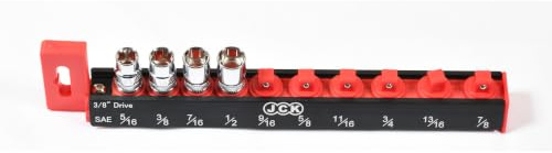 JCK 3/8 Inch Drive Socket Organiser Rail, SAE 5/16-7/8 Inch, 10 Clips | Trapezoid Aluminium Rail Holds 10 SAE 3/8 inch Drive Sockets from 5/16 inch to 7/8 inch, With Spring-Loaded Rotating Clips.