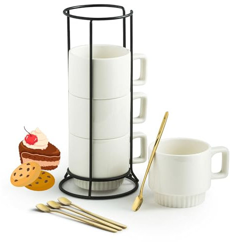 Miamolo Kaffeebecher-Set, stapelbare Kaffeetassen mit Halter, Löffel, 325 ml, Keramik, Espressotasse für Cappuccino, Latte Tee, Getränke, spülmaschinen- und mikrowellengeeignet, Weiß, 4 Stück