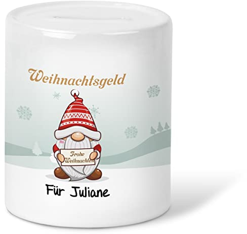 GRAVURZEILE Bedruckte Spardose - Weihnachtsgeld mit versch. Motiven - Personalisiert mit Name - Geschenk zu Weihnachten für Kinder, Freunde & Familie - Farbe: Wichtel
