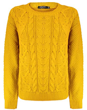 TOP VENDOR Damen Strickpullover mit Zopfmuster, lange Ärmel, Übergröße, 36-42, senffarben, S-M