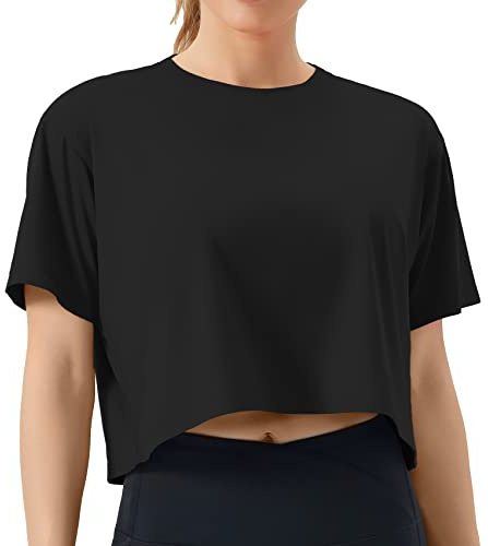 THE GYM PEOPLE Women's Workout Crop Top T-Shirt Short Sleeve Boxy Yoga Running Cropped Basic Tee Black