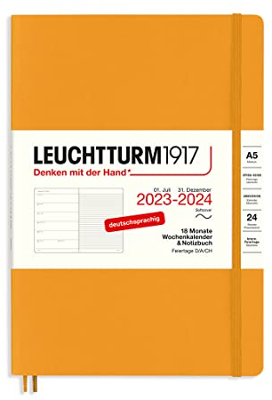 LEUCHTTURM1917 367863 Wochenkalender & Notizbuch Softcover Medium (A5) 2024, 18 Monate, Rising Sun, Deutsch