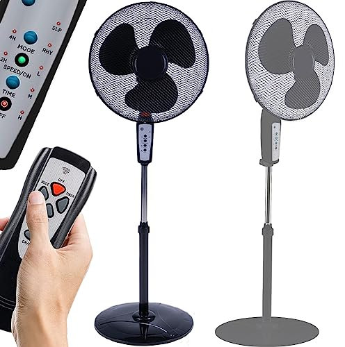 BAKAJI Ventilatore a Piantana con Telecomando, Potenza 50W 3 Velocità, Pale da 40 cm, Altezza ed Inclinazione Regolabile Fino a 130 cm, Funzione Timer, Base Rotonda, Oscillazione Orizzontale (Nero)