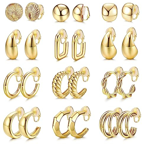 Morfetto 12 Paar Clip auf Creolen für Damen Gold Clip auf Ohrringen Twist Runde Klobige Creolen Clip Ohrringe Kein Piercing Gefälschte Ohrringe Gold
