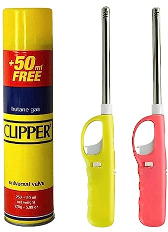 OBD 2 x Candle Lighters Refillable Long Reach Adjustable Flame Safety Lock Windproof Design with Clipper 300ml Gas Refill for Kitchen BBQ Candles Camping and Outdoor Cooking (Assorted Colours)