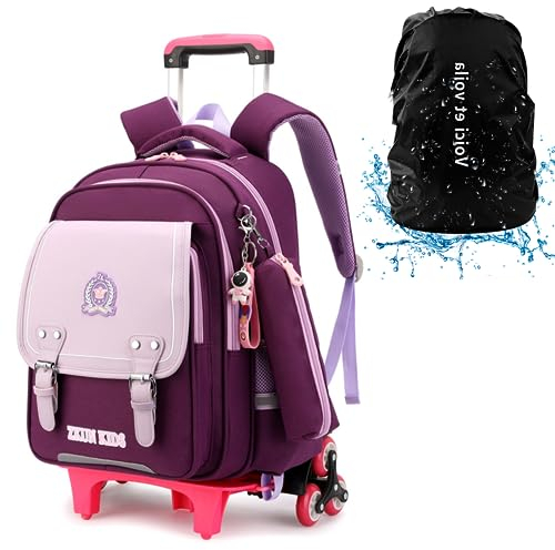 DYMY Schulrucksack mit Rollen Mädchen Rucksack mit Rollen Trolley Kinder Schule Jungs Teenager Schultasche Mädchen Schulranzen mit Rollen Trolley Tasch Violett 20x32x43cm