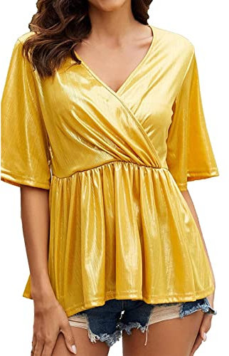 Damen Top Set Mehrfarbig Damen Sexy Metallic Shiny V-Ausschnitt Plissee Shirt Sommer Ohrringe Schwarz Damen