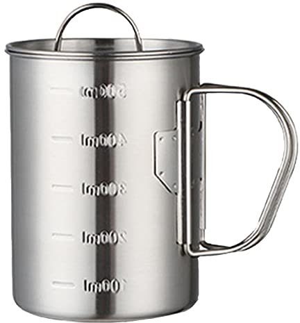Camping Becher mit Deckel, Edelstahl Titan Tasse Tragbare Wasser Becher mit Faltbaren Griffen und Waage für Camping Wandern Kochen Picknick(500ml)
