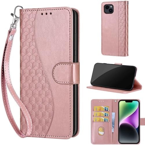 for iPhone 15 Plus Case 6.7-Inch, Embossed Premium PU Leather Folio Flip Notebook Wallet Cover Compatible with iPhone 15 Plus Phone Case [Magnet Closure][Kickstand][Card Slots], Rose Gold