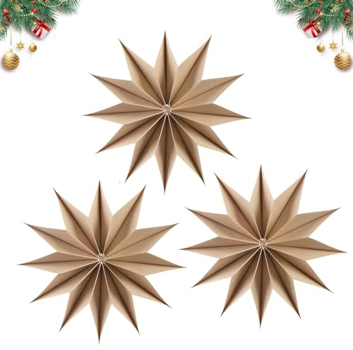 3 Stück Papier Stern Holzfarbe Laternen Weihnachtsdekorationen, 30cm Zacken Papiersternlaternen, Weihnachtsbaumschmuck hängende Papiersterne für Hochzeit Geburtstag… (Braun -12 Ecke)