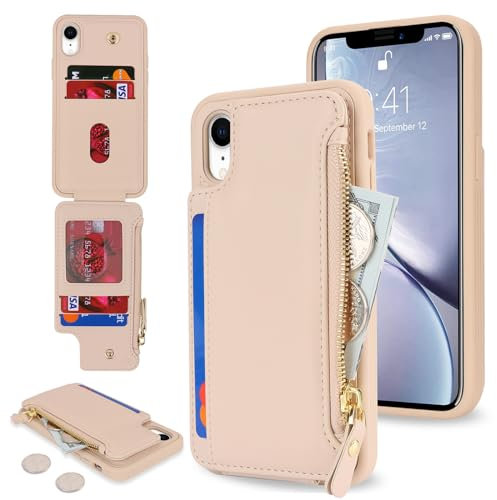 SailorTech Etui pour iPhone XR Étui avec Porte-Cartes de crédit, Housse pour iPhone XR Étui à Fermeture éclair Portefeuille avec Fentes pour Cartes de crédit-Abricot