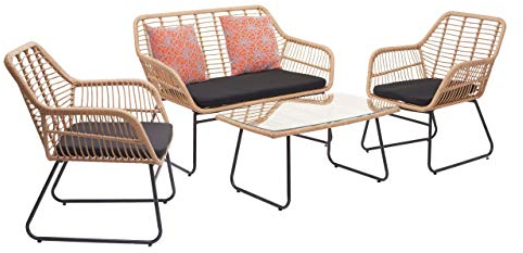 Mendler Polyrattan Garnitur HWC-G17a, Garten Sofa Set Sitzgruppe Stuhl, Seil - naturfarben, Polster anthrazit mit Dekokissen