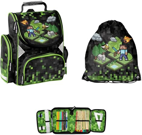 PASO 3-teiliges Schulset: Schulranzen + Turnbeutel + befüllte Federmappe - Game - schwarz/grün