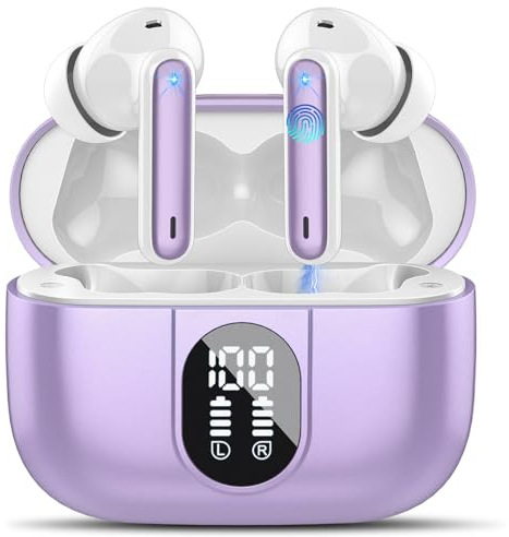 Csasan Auriculares Inalámbricos Bluetooth, Auriculares Bluetooth 5.3 Estéreo con 4 ENC Cancelacion Ruido Micró, 40H Control Táctil Cascos Inalambricos, IP7 Impermeable Auriculares in Ear, Morado