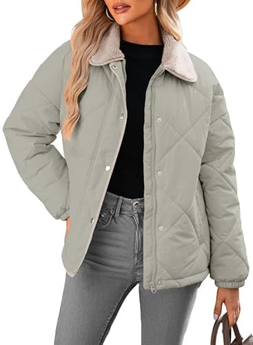 Dokotoo Womens Winter Diamond Quilted Jackets for Women 2026 Trendy Grey Warm Puffer Padded Long Sleeve Quilted Outerwear Jacket Casual Thicken Winter Coats with Pockets Small