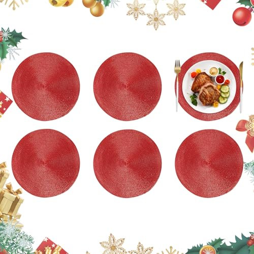 Homcomodar Weihnachten Tischsets Rund 6PCS Rot Platzsets Abwaschbar 34cm Glitzer Platzdeckchen Hitzebeständigem Tisch Tischsets für Küche Abendessen