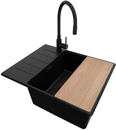 PRIMAGRAN Fregadero Granito Todo Negro 62x50cm, Cocina 1 Seno + Grifo 40x38cm + Sifón + Tabla de cortar, Sobre encimera al mueble 50cm - Copenhague