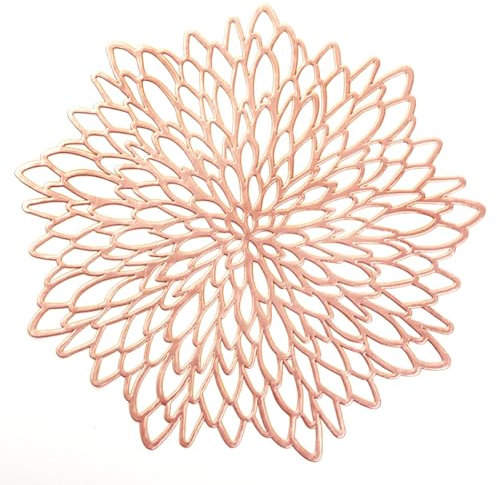HEYOMART PVC Placemats Sets of 4 Round Leaf Place Mats Washable Heat Resistant Vinyl Table Mats for Morden Kitchen Dining Table Wedding Accent Centerpiece Placemat, Rose Gold