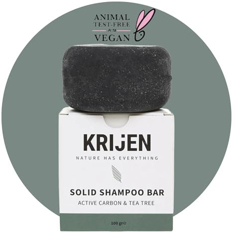 Krijen Vegan-Festes Shampoo mit Süßmandelöl, Teebaumöl und reinem Bambuskohle 100 g | Erfrischend und für fettiges Haar, mit pflanzlichem Protein und Provitamin B5|Handgefertigt