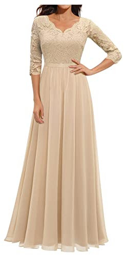 FUPODD Kleid Damen Hochzeitsgast Ballkleider Lang Festliche Kleider Frauen Abendkleider Elegant Für Hochzeit Cocktailkleid mit Ärmeln Damenkleider V Ausschnitt Lochstickerei Tüll Kleid Schwingen