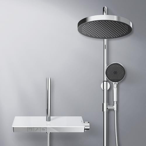 EMKE Colonne de Douche Thermostatique avec Étagère en Verre, Douche Pluie Extra Large de 320 mm, Pommeau de Douche avec 3 Types de Jets, Chromé, Hauteur Ajustable 818-1068 mm