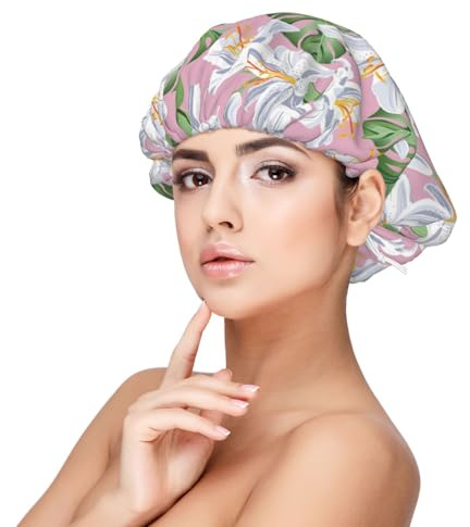 Cuffia per capelli ricci in raso di seta e raso, a doppio strato, regolabile, con fiori di giglio, colore verde e rosa