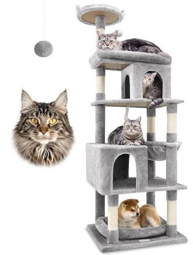 Globlazer Arbre a Chat XXL, Arbres à Chats Hauteur 183 cm avec Niches Grande Plateformes Panier Perchoir Lit, Tour à Chat pour Adulte Maine Coon Ragdoll Reposer Jouer Intérieur (S72, Gris Clair)