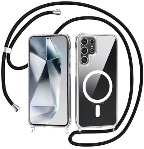 Coque pour Samsung Galaxy S24 Ultra 5G avec Cordon, Compatible avec MagSafe, Étui Transparent Magnétique Housse avec Collier Réglable Résistant Silicone Antichoc TPU + Dur PC, Chaîne Noir