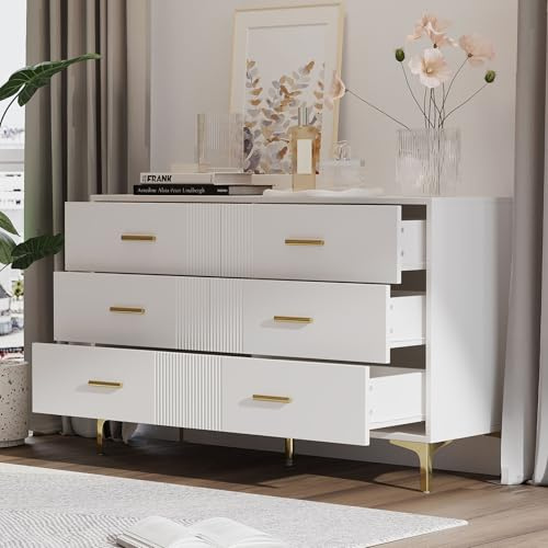 OLIVIBED Kommode Weiss, Sideboard mit 6 Schubladen, Küchenschrank mit Goldene Beine und Griffe, Komodenschrank für Schlafzimmer, Wohnzimmer, Flur, 120x40x76cm, Weiß